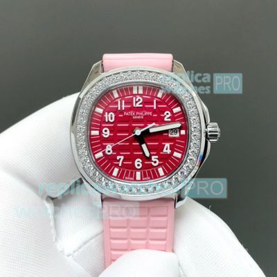PP+ Factory Swiss Clone Gain Weight Patek Philippe Aquanaut Cherry Dial Watch Diamond Set 